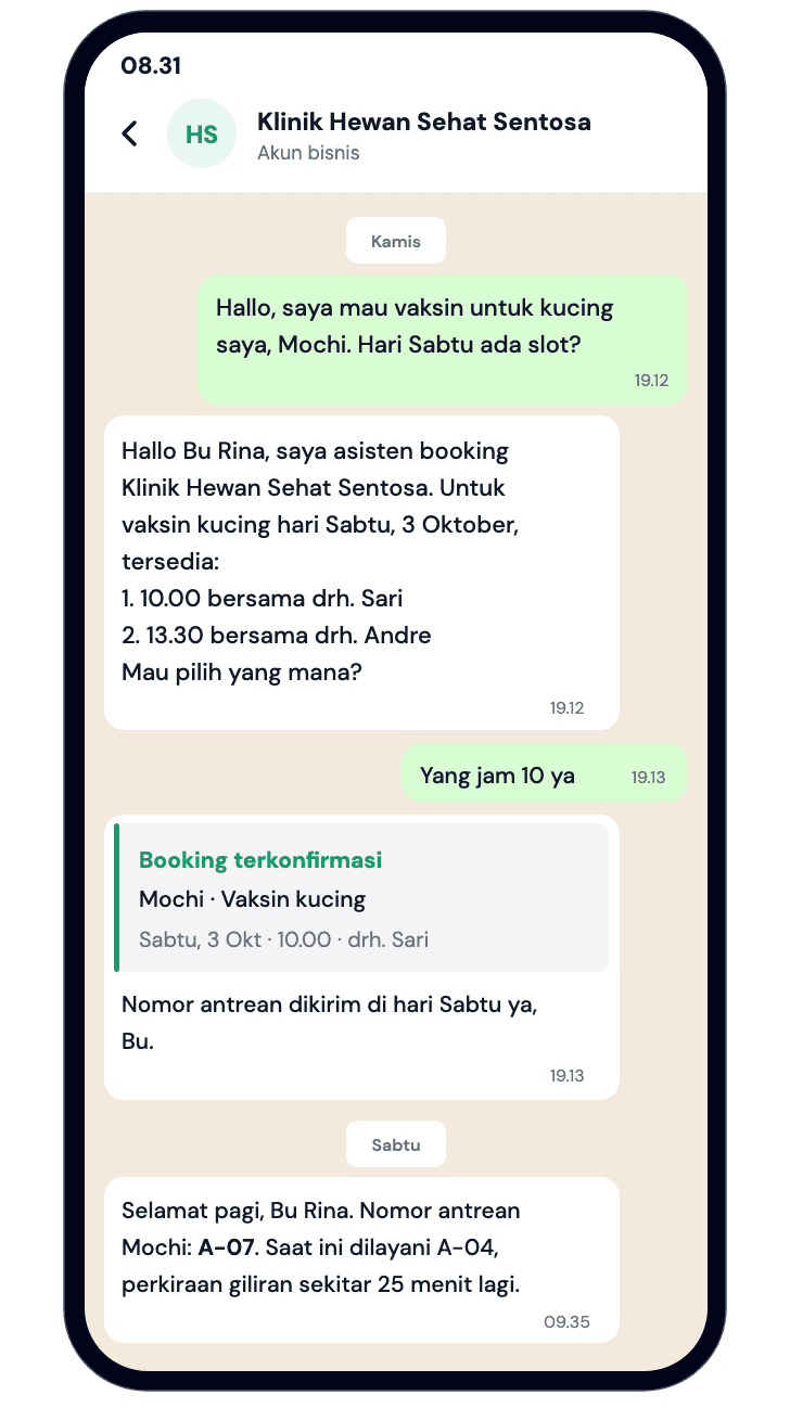 Customer booking a veterinary appointment through the WhatsApp assistant